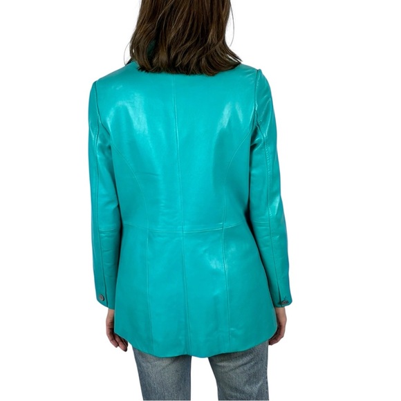 BERNARDO Y2K TEAL OVERSIZE LEATHER BUTTON DOWN BLAZER JACKET CAR COAT - Picture 3 of 16